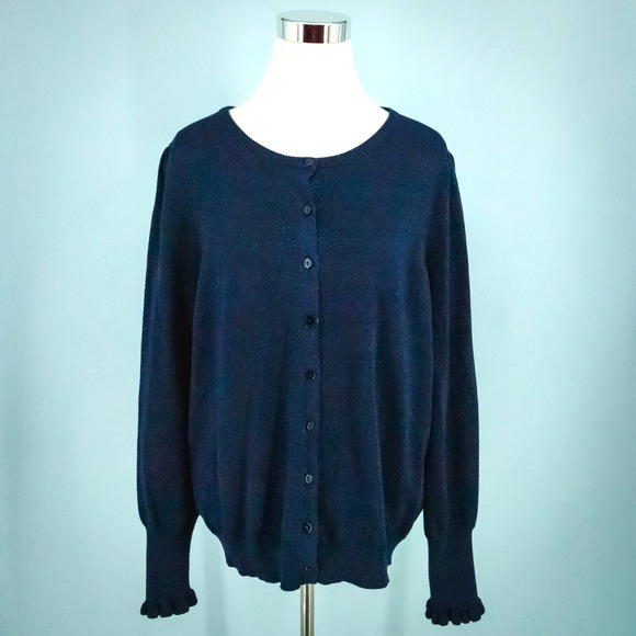 WYSE 5 Size 12 US Adele Navy Blue Shimmer Ruffle Button Long Sleeve Cardigan - Picture 1 of 7